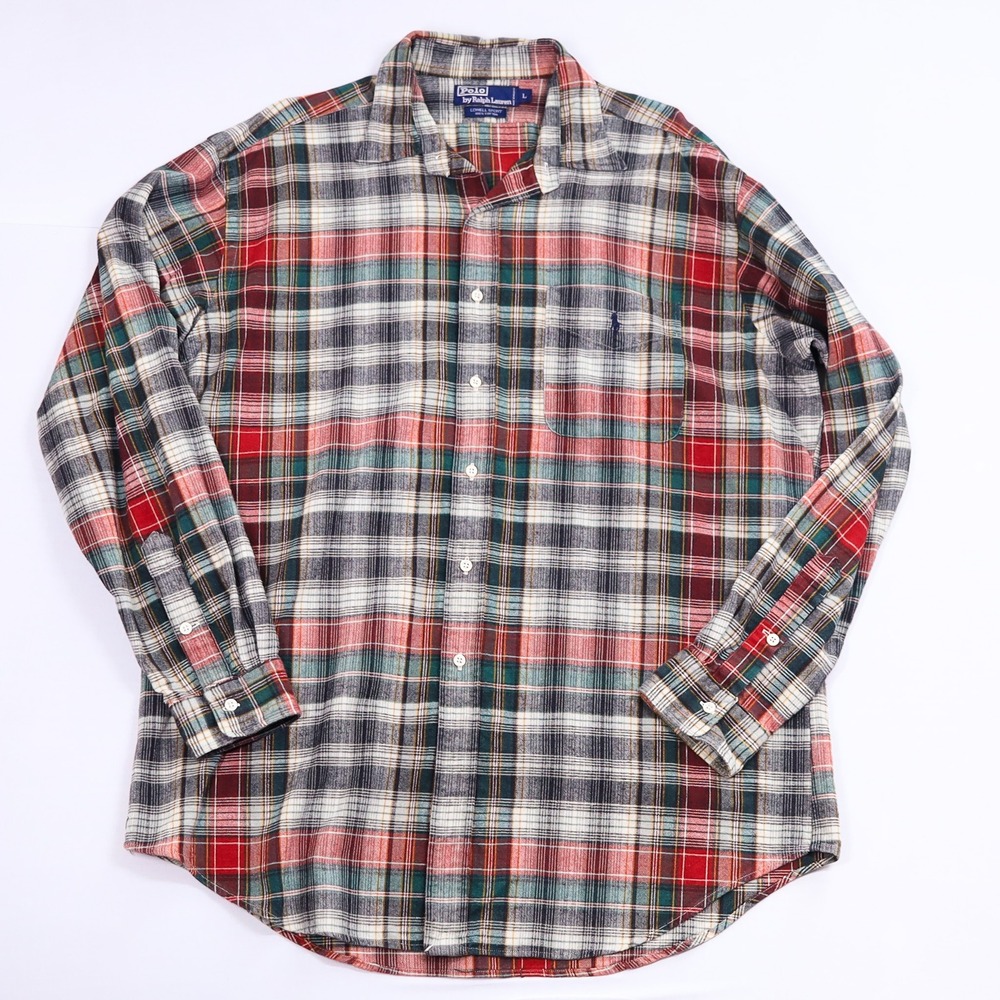 Polo Ralph Lauren Lowell Sport Mens Large Red Green Plaid Cotton Button Up Shirt